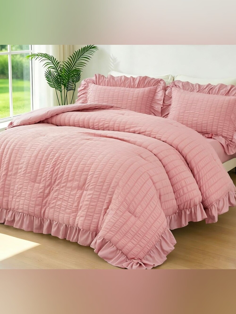 Solid Pink Ruffled Full Size Bed In A Bag Comforter Set - Chic Bedspread